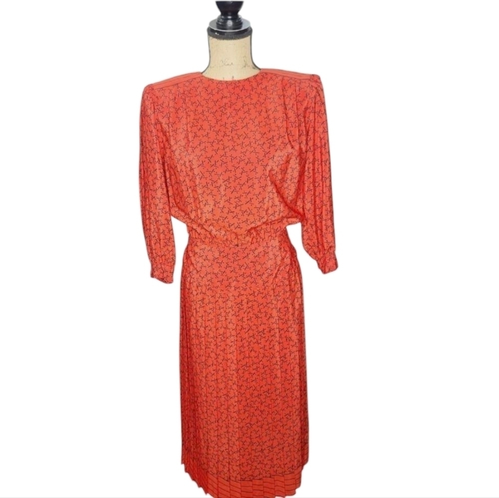 Vintage 80s Geometric Print Bishop Sleeve Shirt Dress Acordian Pleats